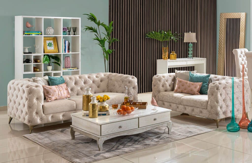 Muebles capitoneados, sofás Jamar color beige